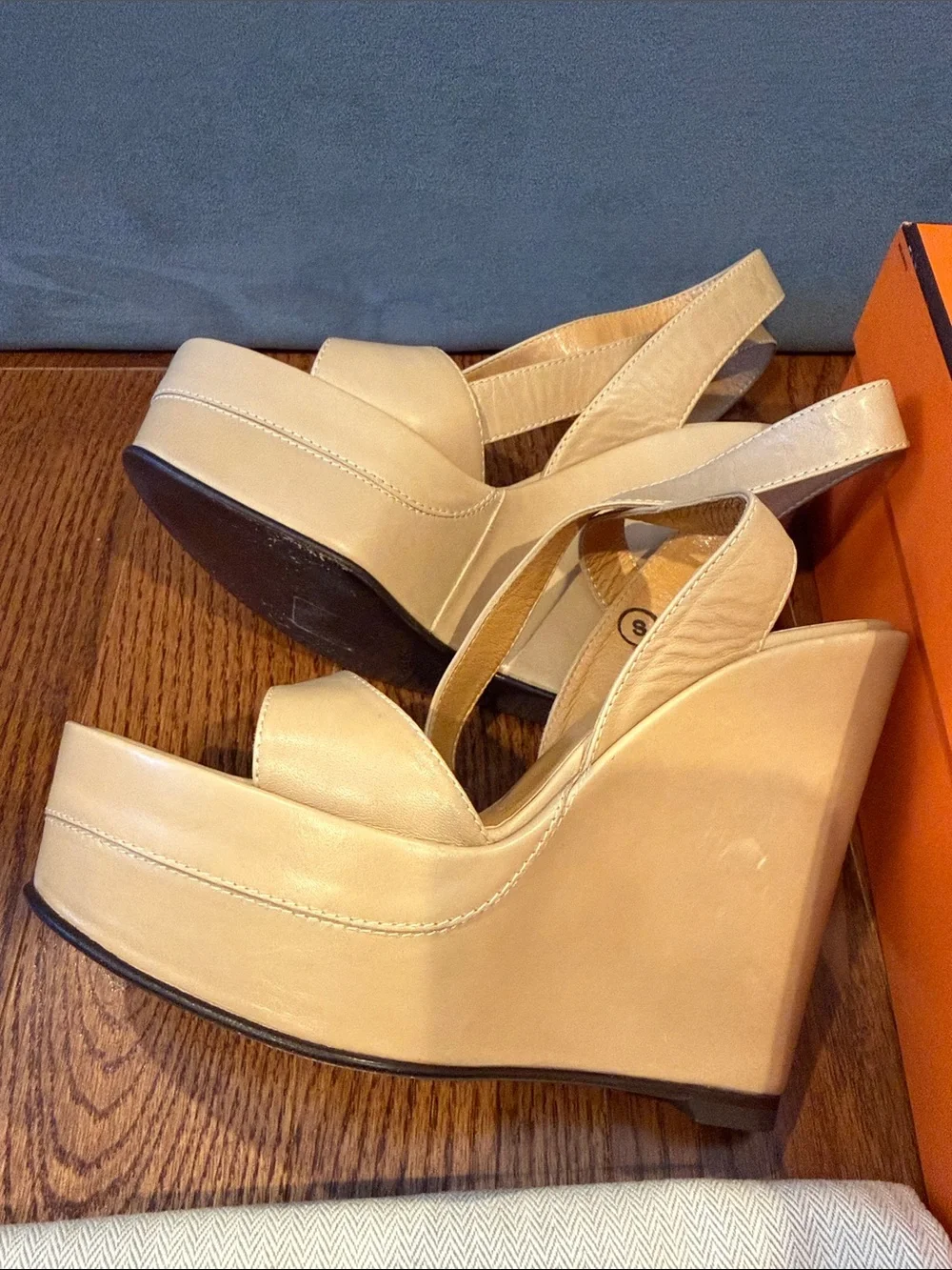 Hermes Beige Leather Platform Slingback Sandals